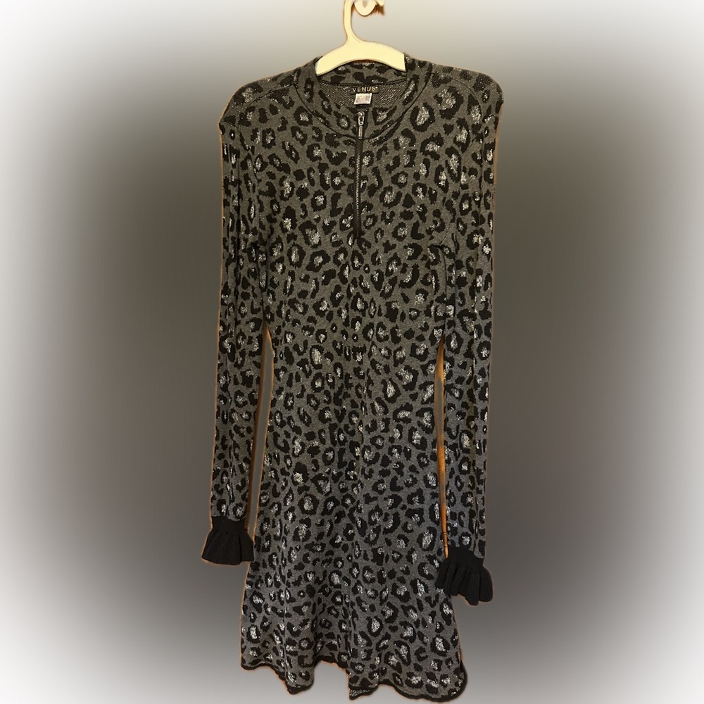VENUS Black and Gray Animal Print Sweater Dress